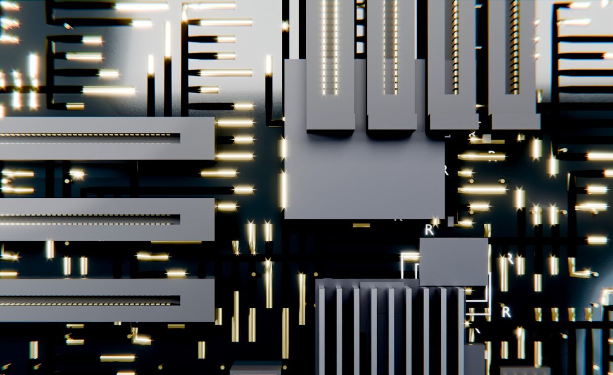 Cpu die close up, photographed for a technology article.