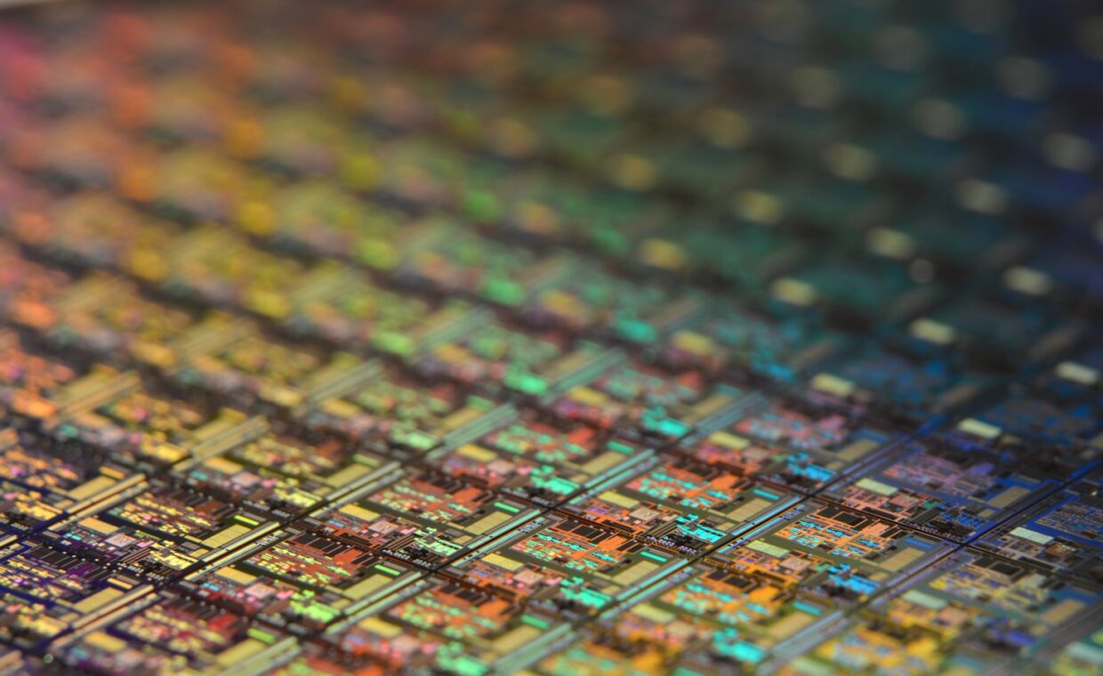 Silicon wafer texture, photographed for a technology article.
