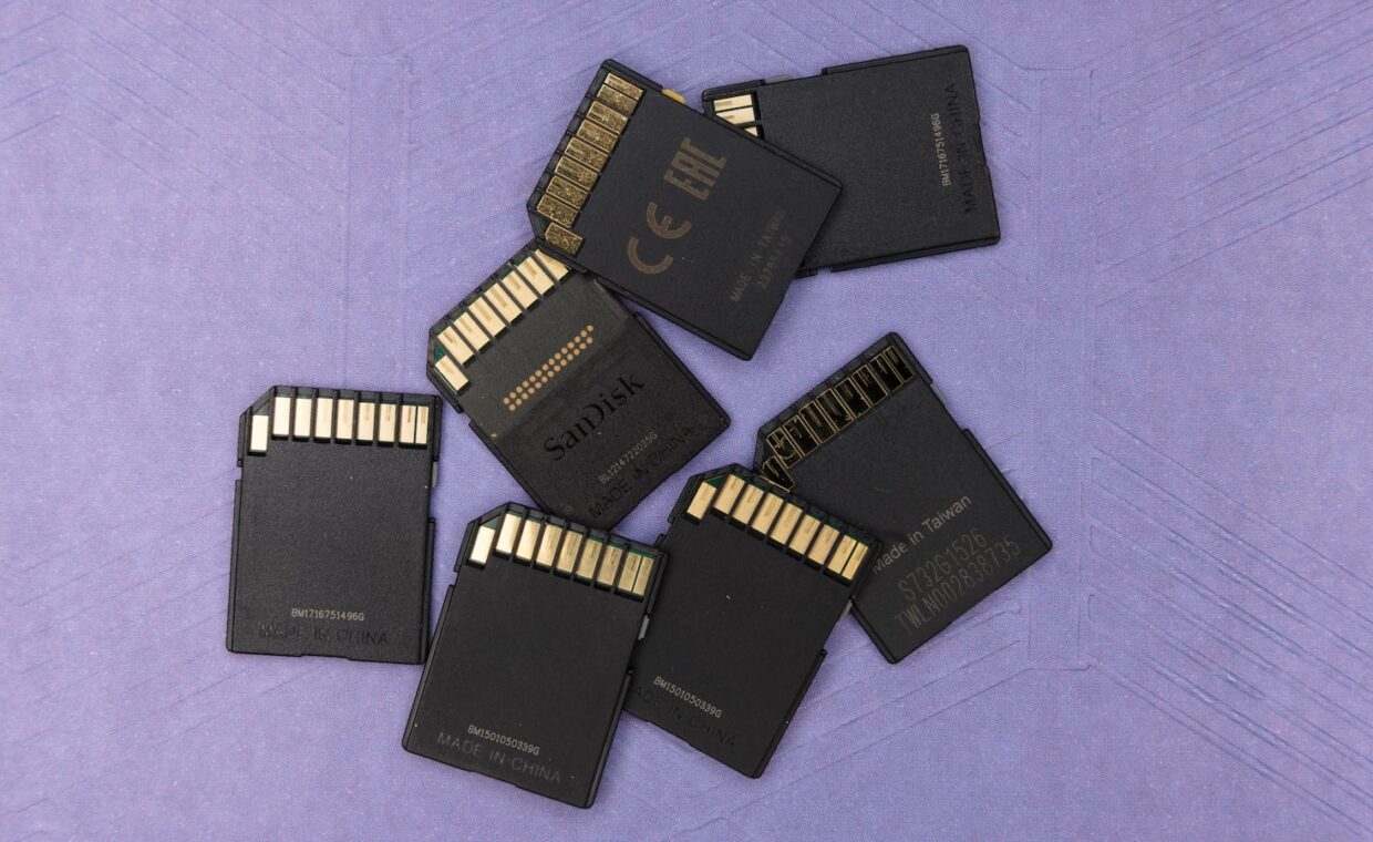 Sd cards spread, photographed for a technology article.