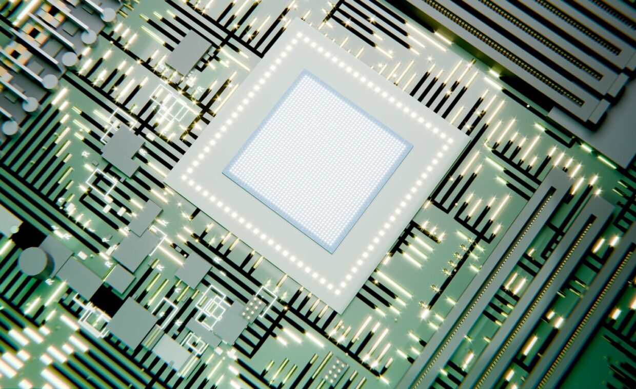 Cpu die close up, photographed for a technology article.