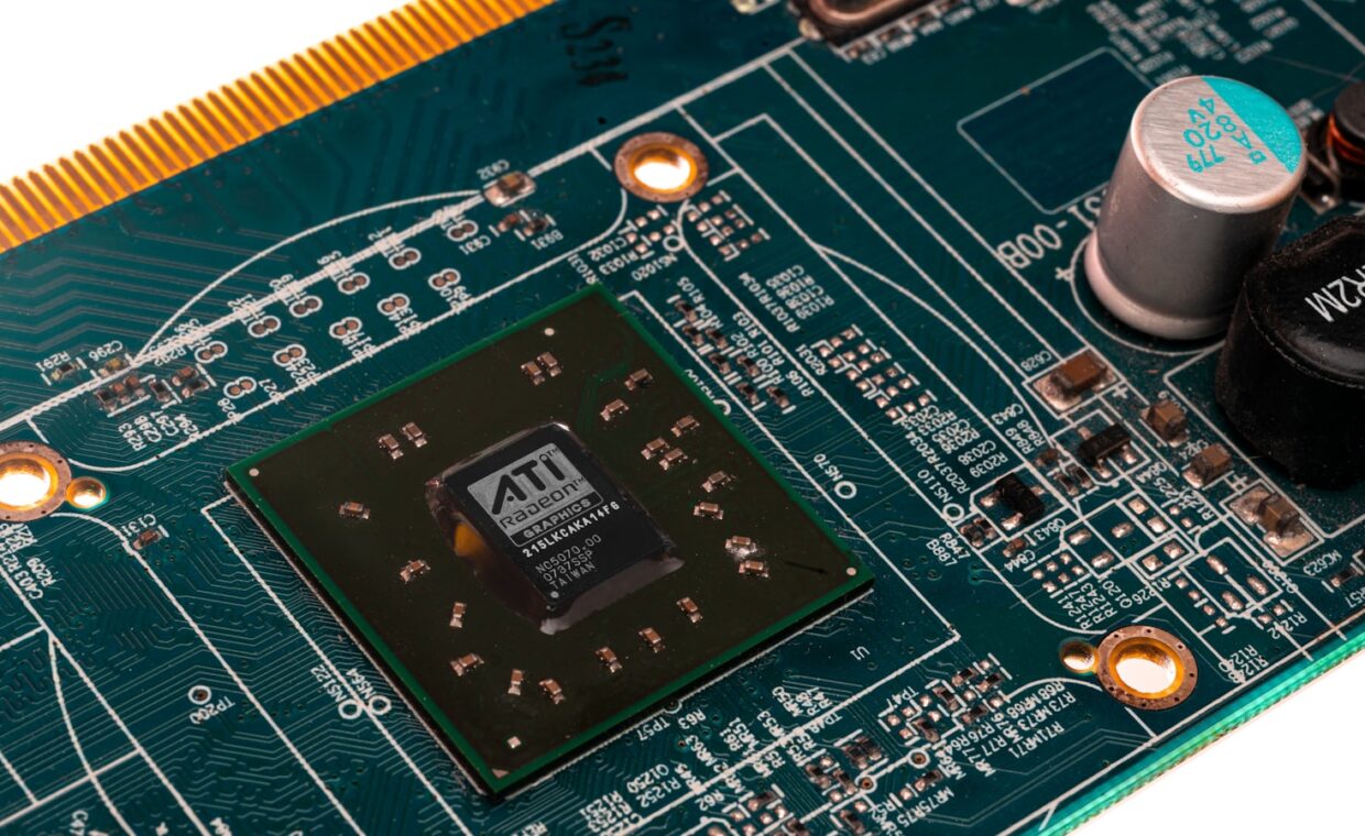 Gpu die closeup, photographed for a technology article.