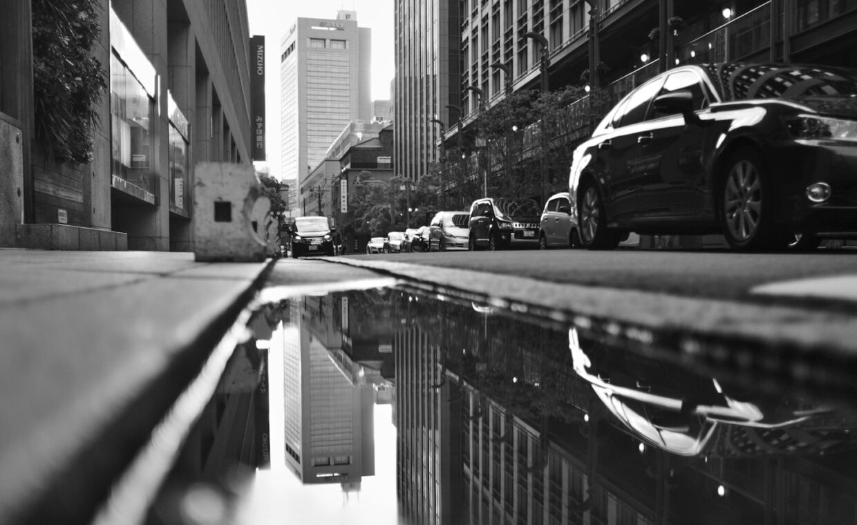 Ray tracing reflection, photographed for a technology article.