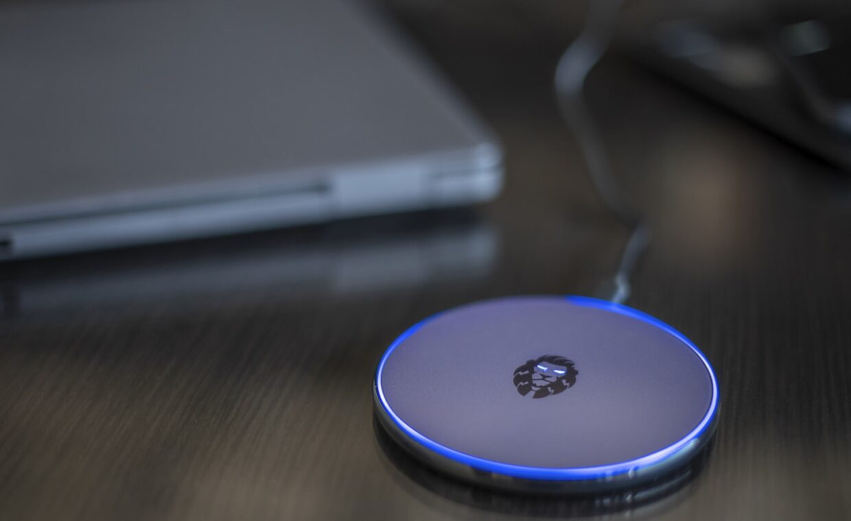 Wireless charging pad, photographed for a technology article.