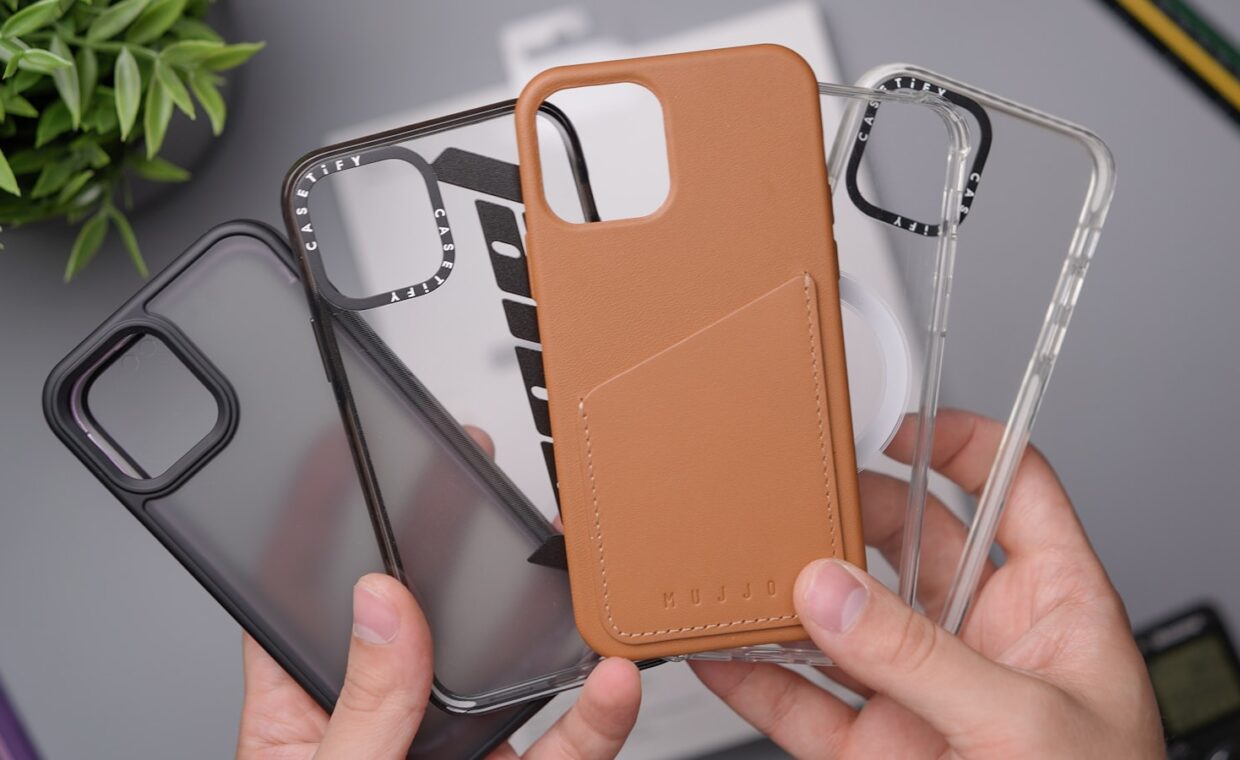 Phone case drop, photographed for a technology article.