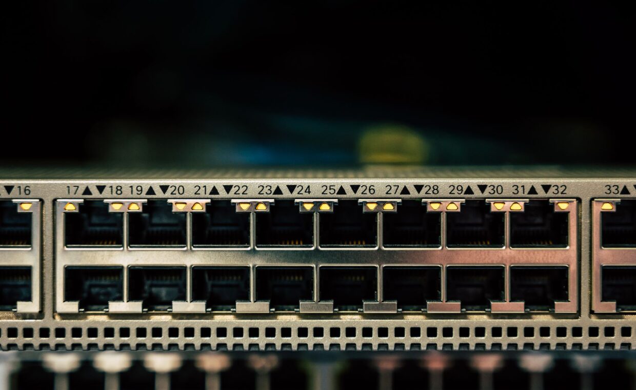 Network switch ports, photographed for a technology article.