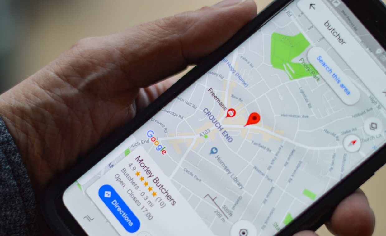 Phone map location, photographed for a technology article.