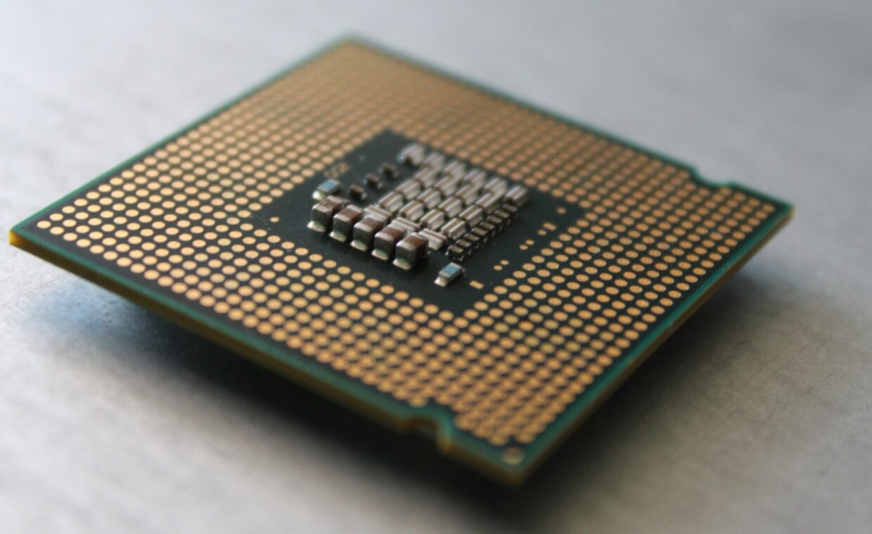Aged processor pins, photographed for a technology article.