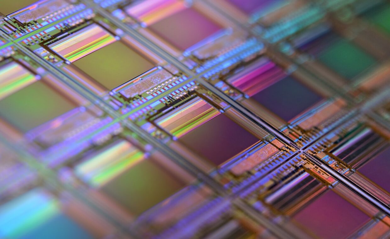Silicon wafer defects, photographed for a technology article.
