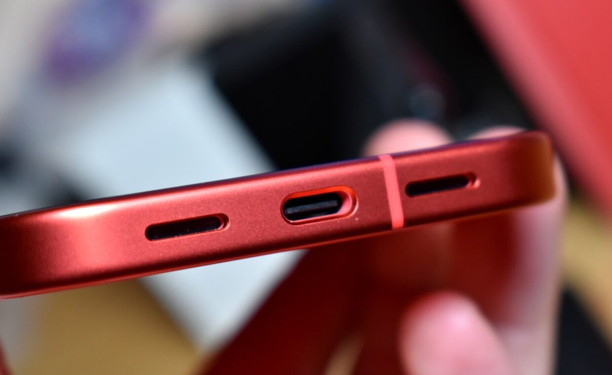 Phone charging port, photographed for a technology article.