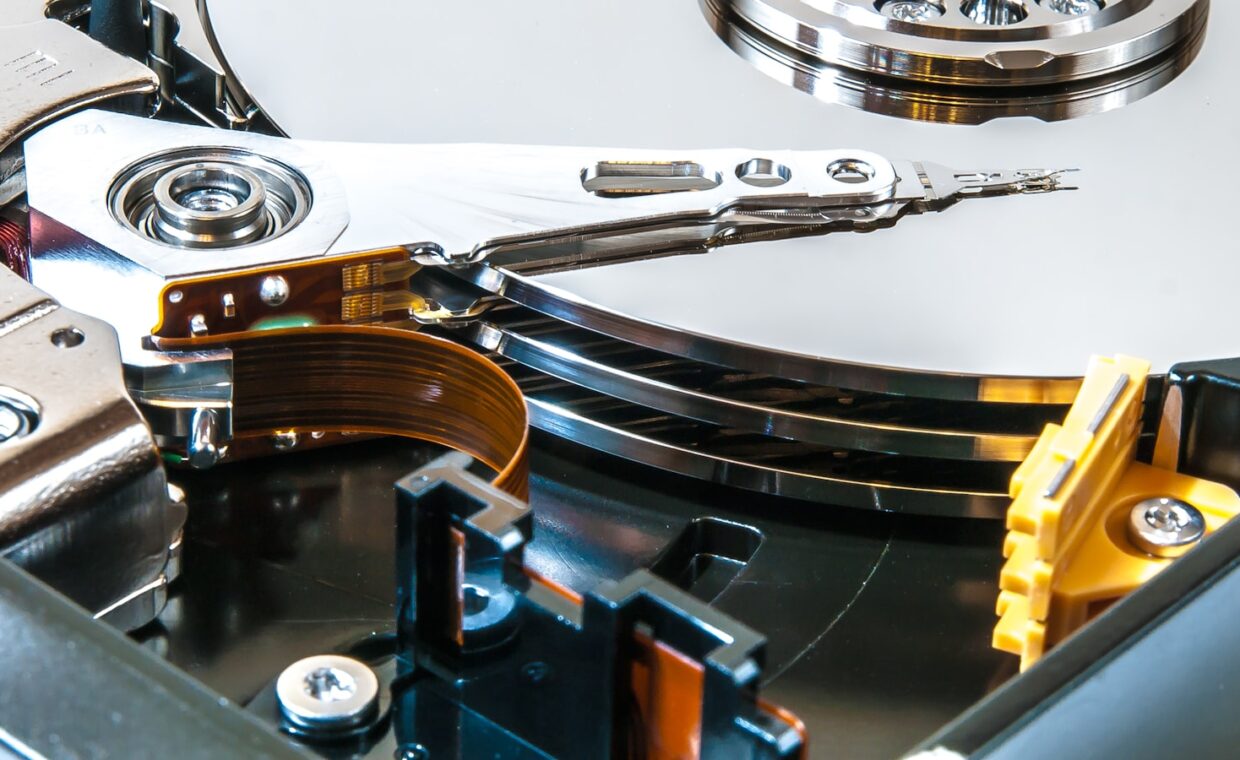 Open hard drive, photographed for a technology article.