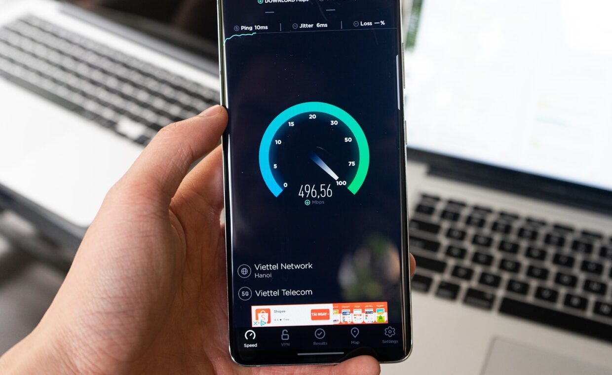 Internet speed test, photographed for a technology article.