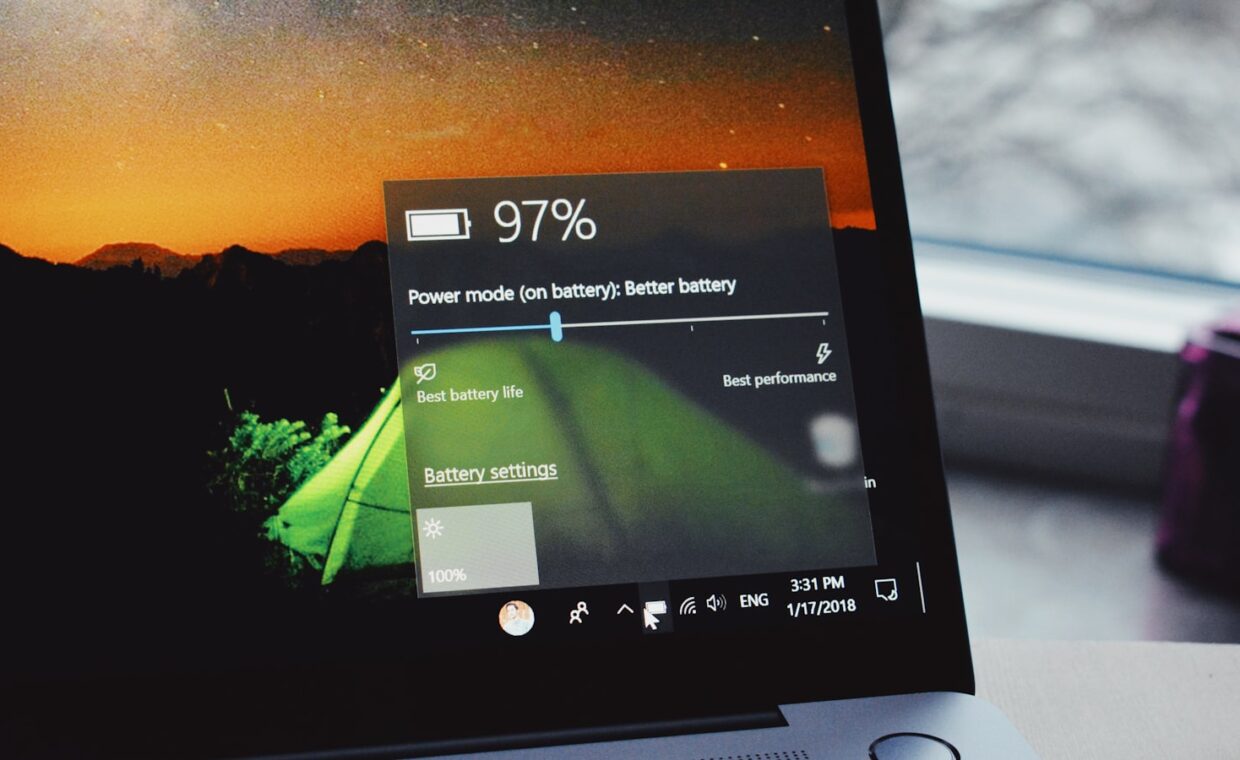 Laptop battery icon, photographed for a technology article.